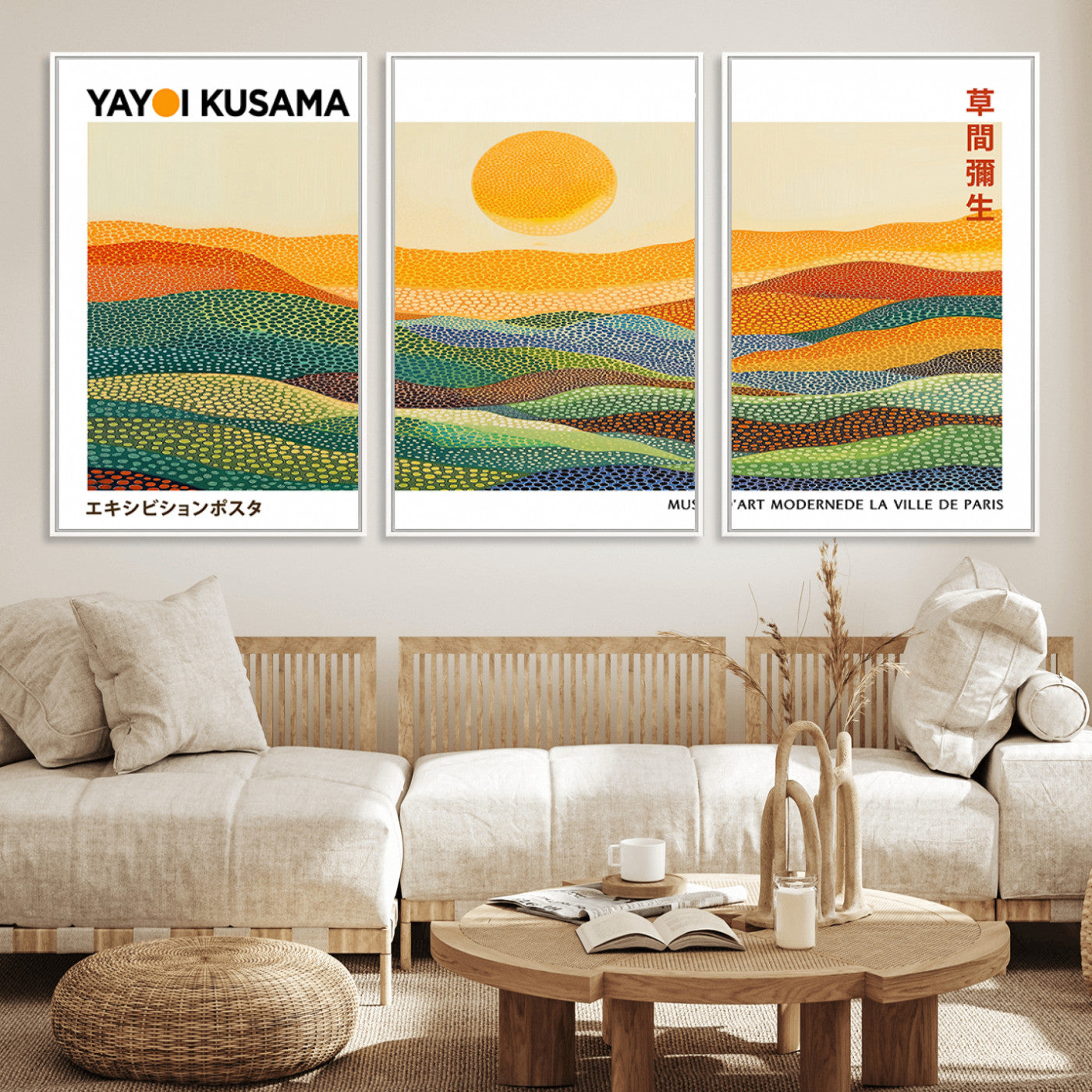 MGV-FC-60X30-3P - Framed Yayoi Kusama 1986 Wall Art Print – Japanese Wall Art Print, Wabi Sabi Yayoi Kusama Print -