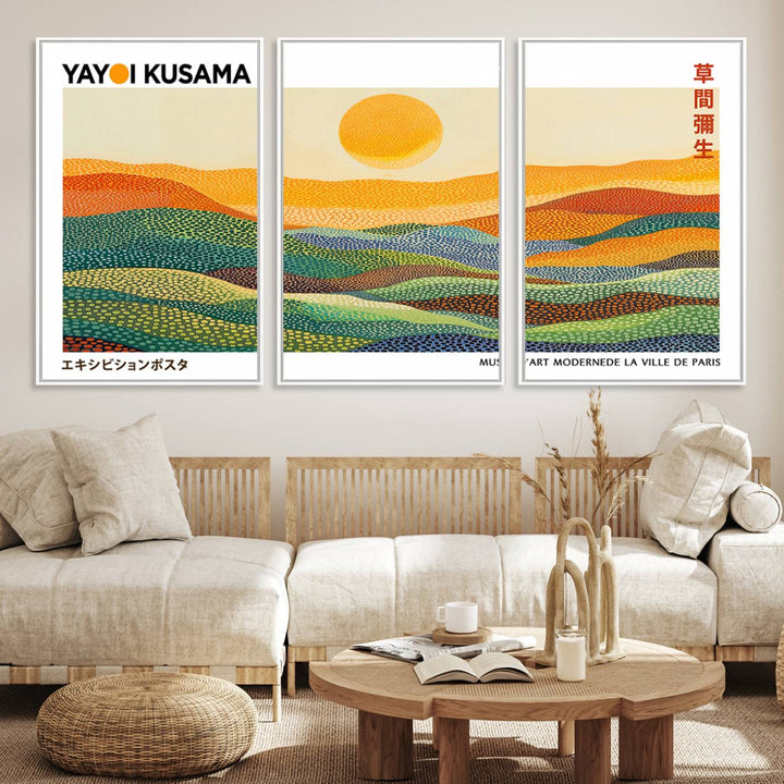 Framed Yayoi Kusama 1986 Wall Art: A vibrant abstract landscape featuring Wabi Sabi hills and a sun, created by the Japanese artist.