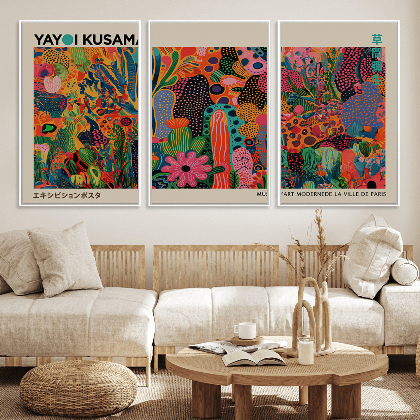 MGV-FC-60X30-3P - Framed Yayoi Kusama 1986 Wall Art Print – Japanese Wall Art Print, Wabi Sabi Yayoi Kusama Print -
