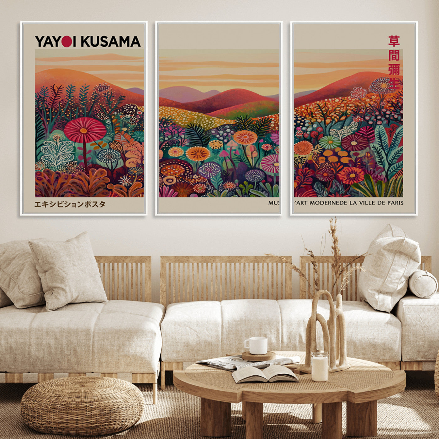 MGV-FC-60X30-3P - Framed Yayoi Kusama 1986 Wall Art Print – Japanese Wall Art Print, Wabi Sabi Yayoi Kusama Print -