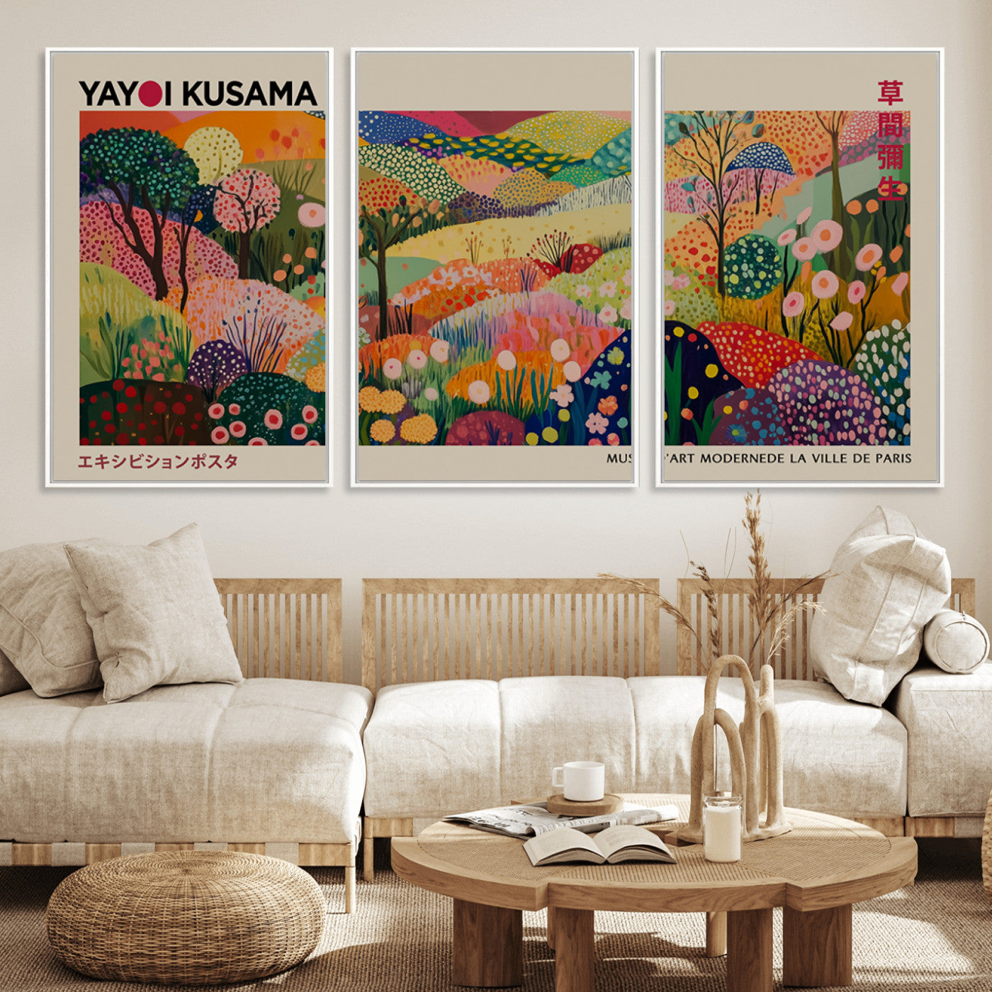 MGV-FC-60X30-3P - Framed Yayoi Kusama 1986 Wall Art Print – Japanese Wall Art Print, Wabi Sabi Yayoi Kusama Print -