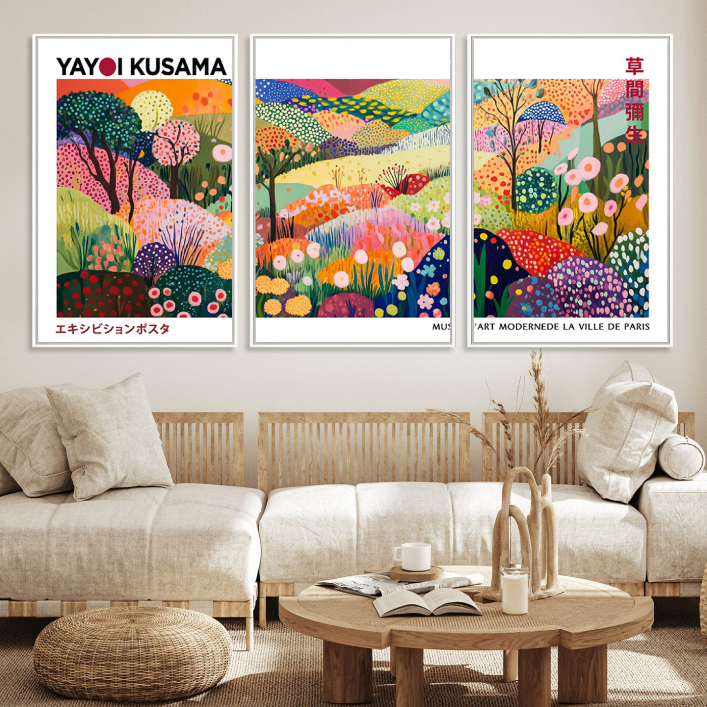 MGV-FC-60X30-3P - Framed Yayoi Kusama 1986 Wall Art Print – Japanese Wall Art Print, Wabi Sabi Yayoi Kusama Print -