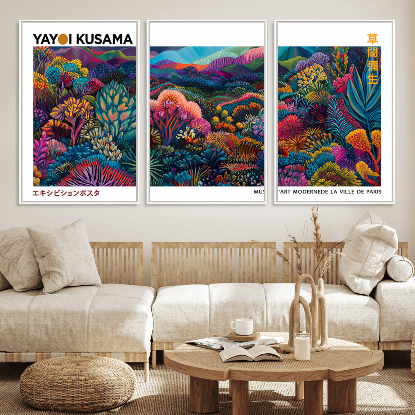 MGV-FC-60X30-3P - Framed Yayoi Kusama 1986 Wall Art Print – Japanese Wall Art Print, Wabi Sabi Yayoi Kusama Print -