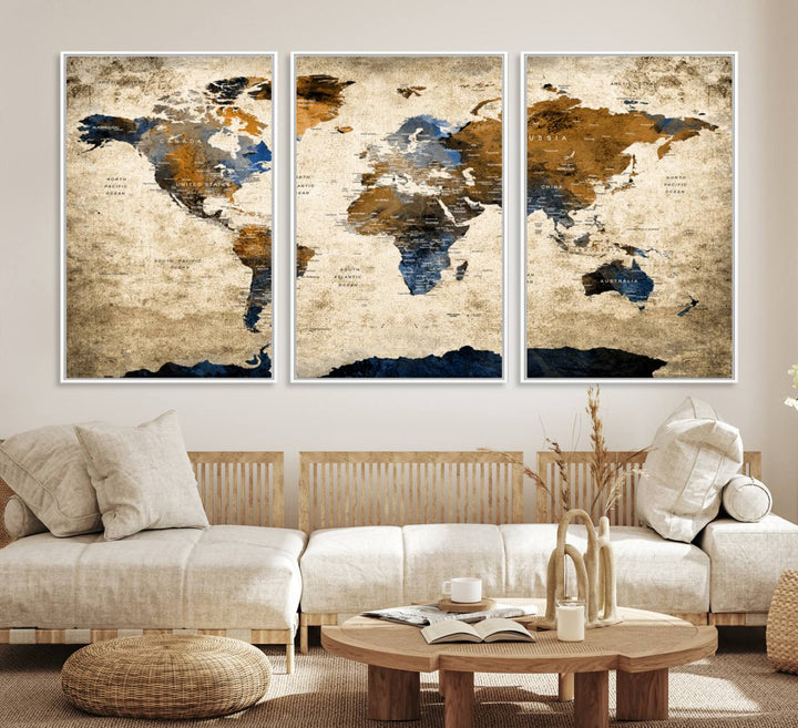 A Vintage World Map Canvas featuring brown, blue, and white on a textured background. Ideal for wall art in living rooms or offices.
