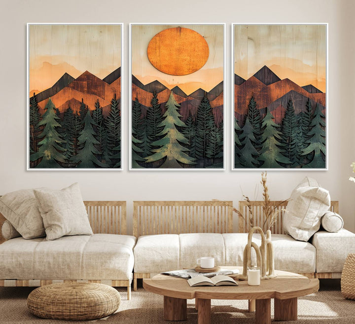 Sunset Mountain Landscape canvas wall art print featuring forest and wooden textures in green, brown, and orange.