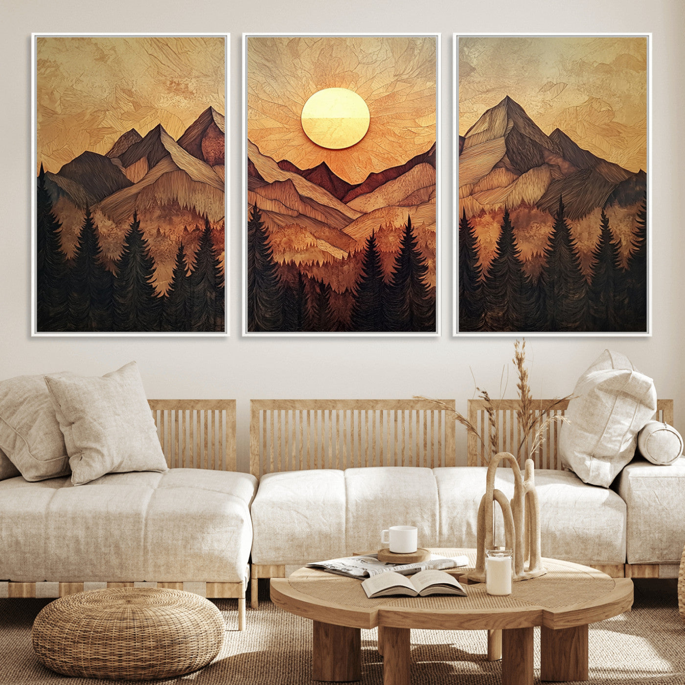 MGV-FC-60X30-3P - Wood Style Abstract Mountain Sunset Canvas Wall Art Print - Warm Earth Nature-Inspired Decor for