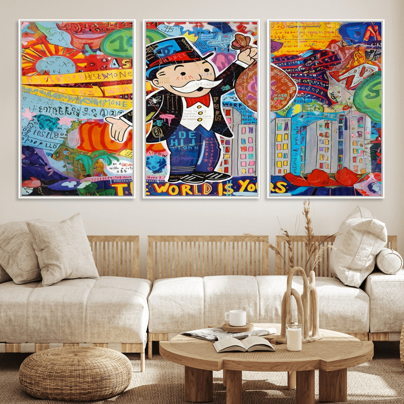 MGV-FC-60X30-3P - Pop Art Monopoly Man Canvas Wall Art Print - Bold and Colorful Street Art-Inspired Decor for Living