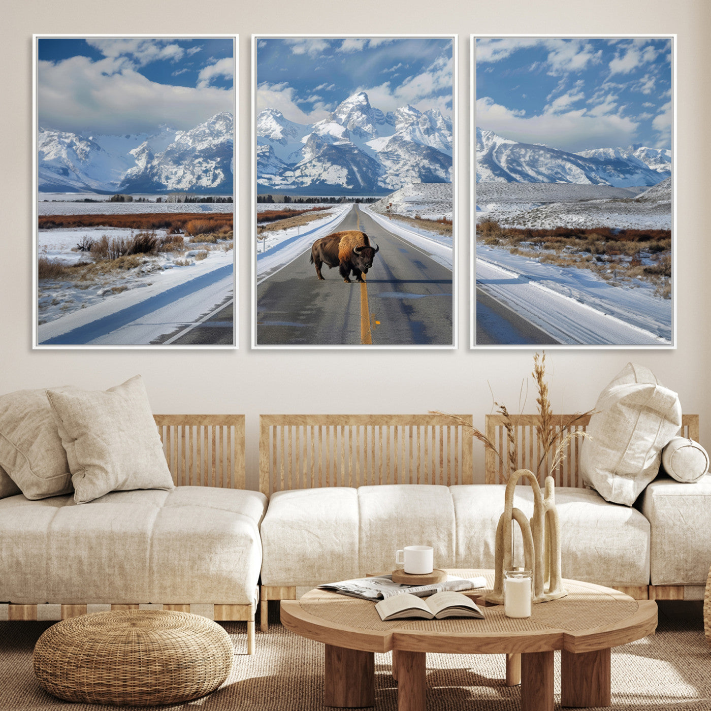 A powerful bison stands on a snow-dusted road beneath the towering peaks of the Grand Tetons, capturing the untamed beauty of America's winter wilderness.