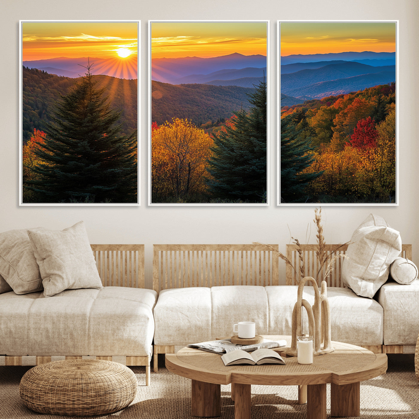 MGV-FC-60X30-3P - Golden Sunset Over Mountain Forest Canvas Wall Art Print - Warm Nature-Inspired Landscape for Living
