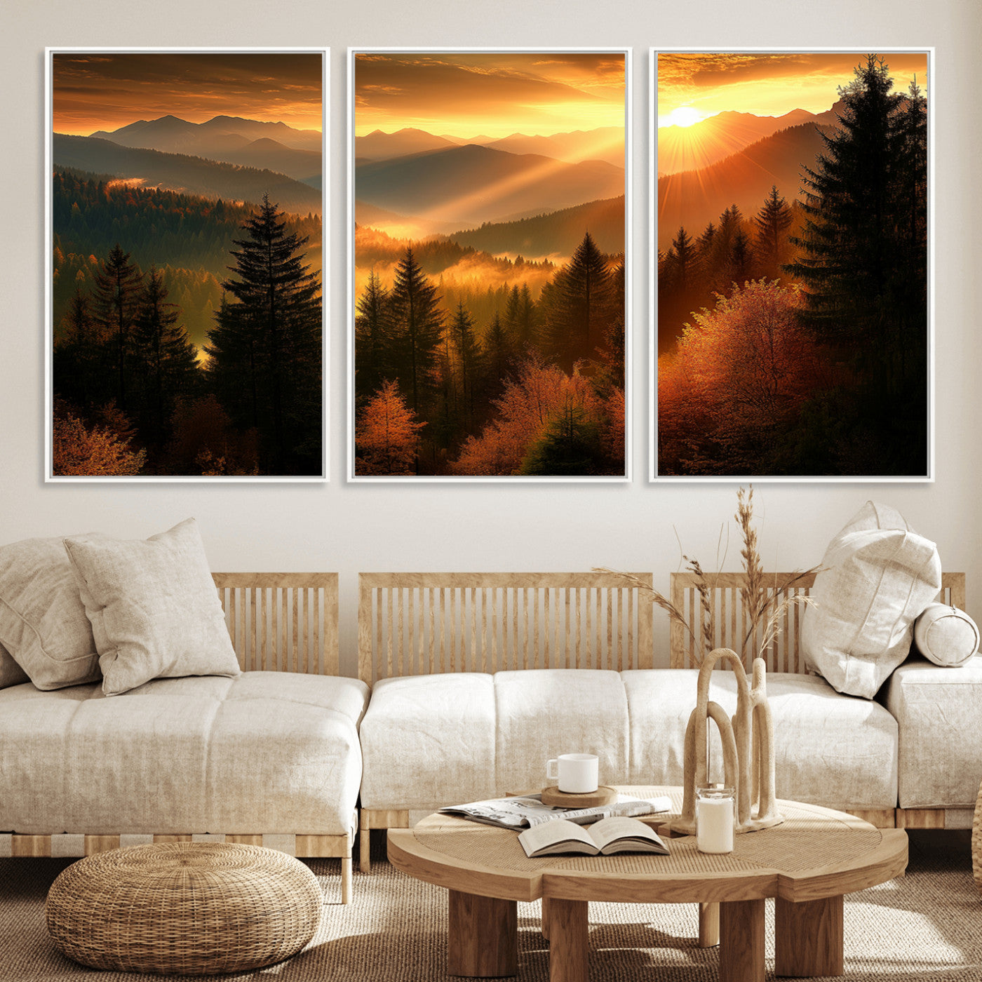 MGV-FC-60X30-3P - Golden Sunset Over Mountain Forest Canvas Wall Art Print - Warm Nature Landscape Print