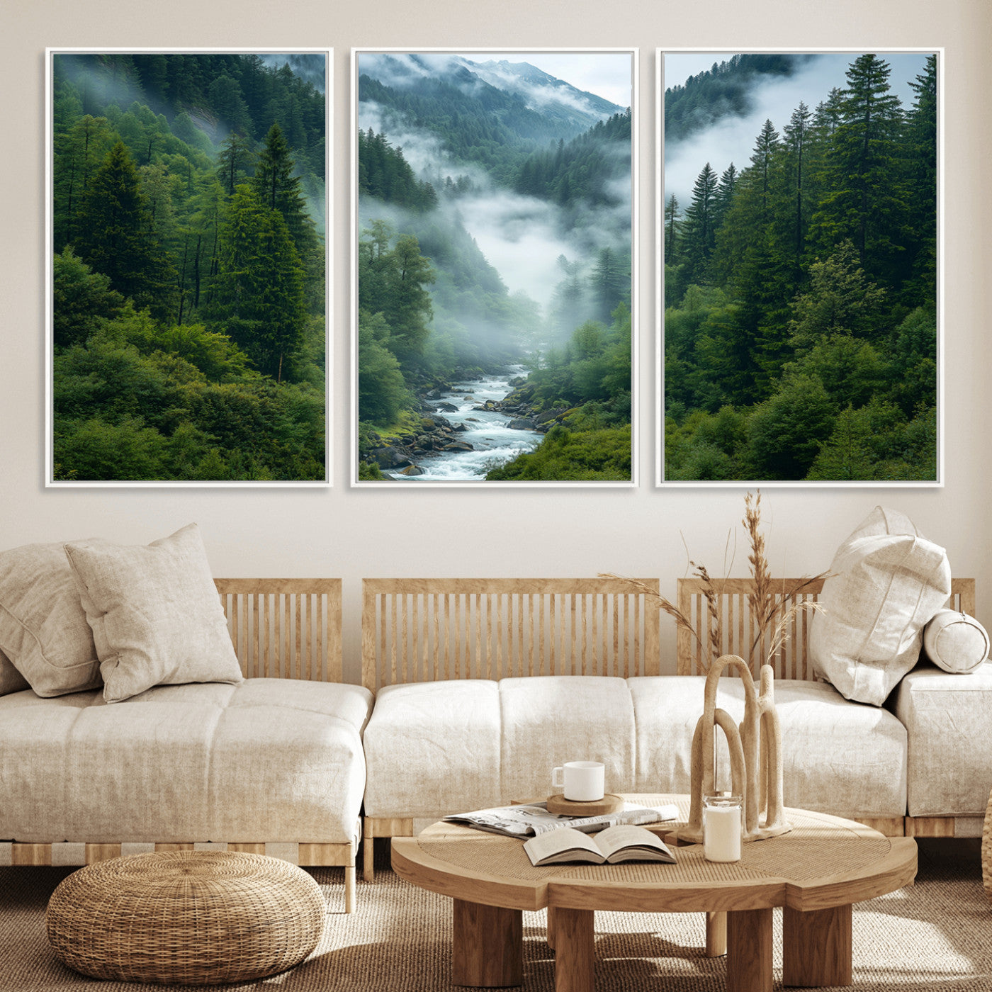 MGV-FC-60X30-3P - Mountain Forest River Canvas Wall Art Print - Serene Nature Landscape for Living Room, Office, or