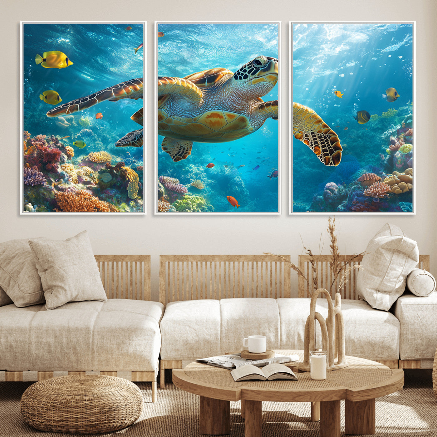 MGV-FC-60X30-3P - Sea Turtle Underwater Canvas Wall Art Print - Vibrant Ocean Wildlife Decor, Marine Wall Art