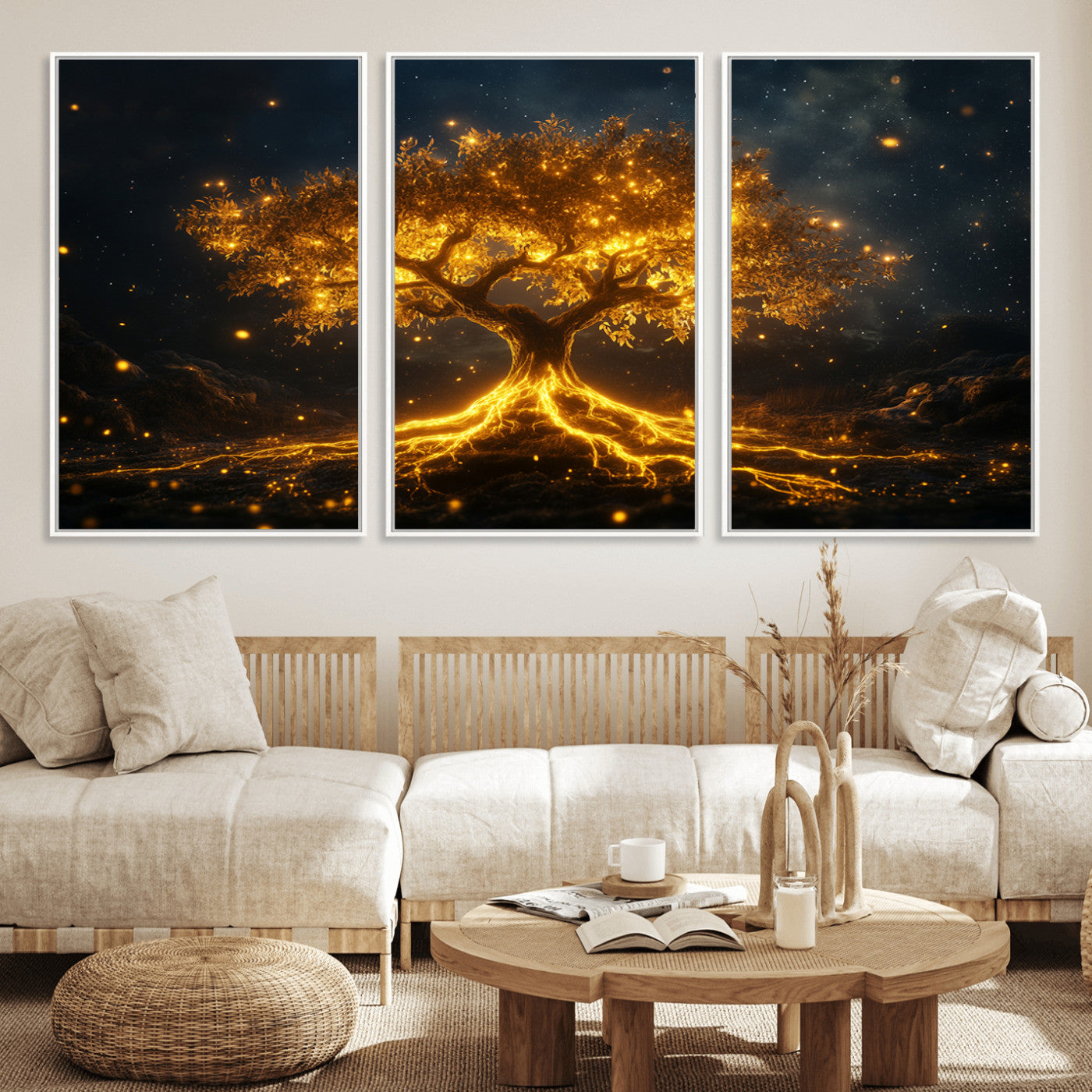 MGV-FC-60X30-3P - Golden Tree of Life Canvas Wall Art Print - Majestic Glowing Tree Design for Living Room, Office, or