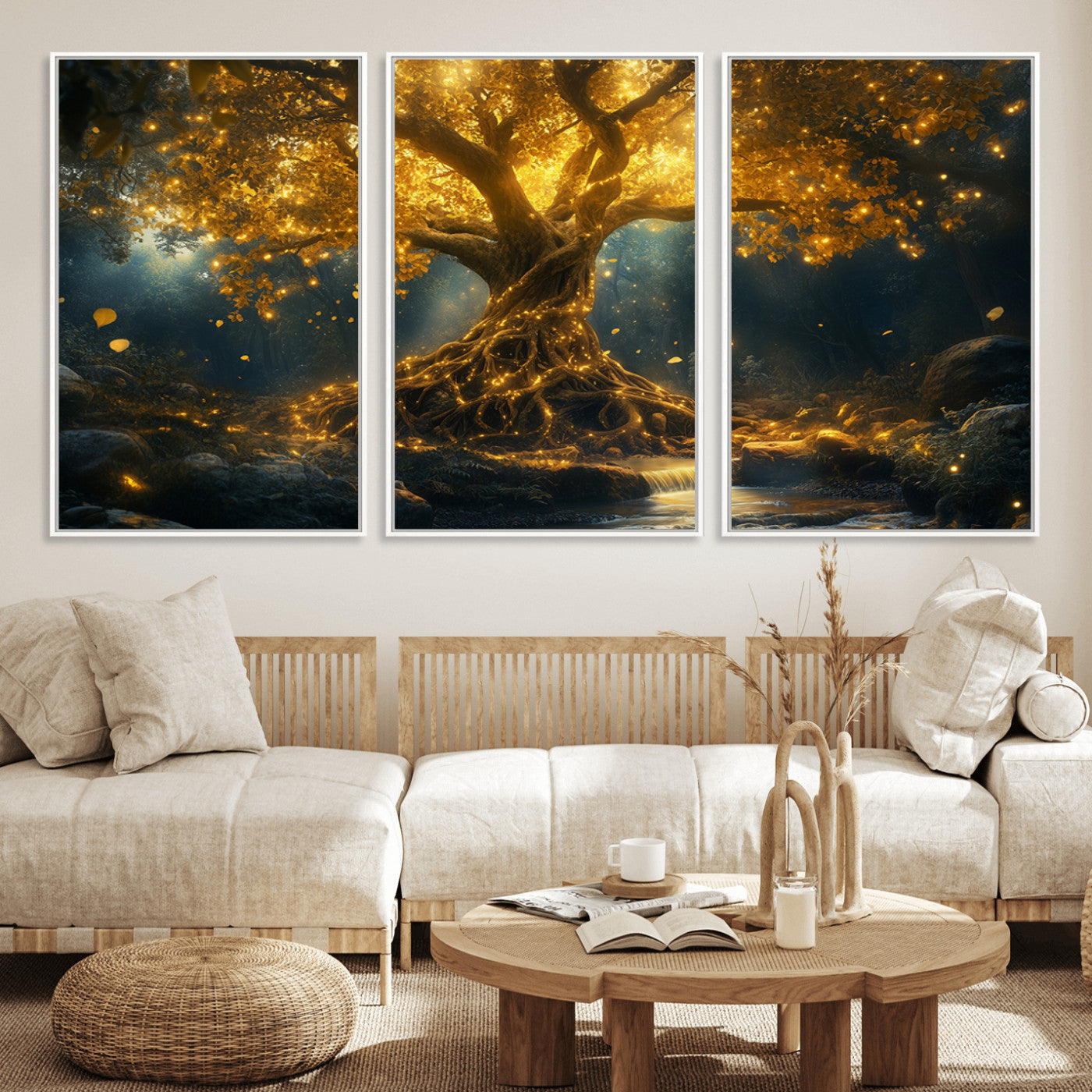 MGV-FC-60X30-3P - Golden Tree of Life Canvas Wall Art Print - Majestic Glowing Tree Wall Art Print