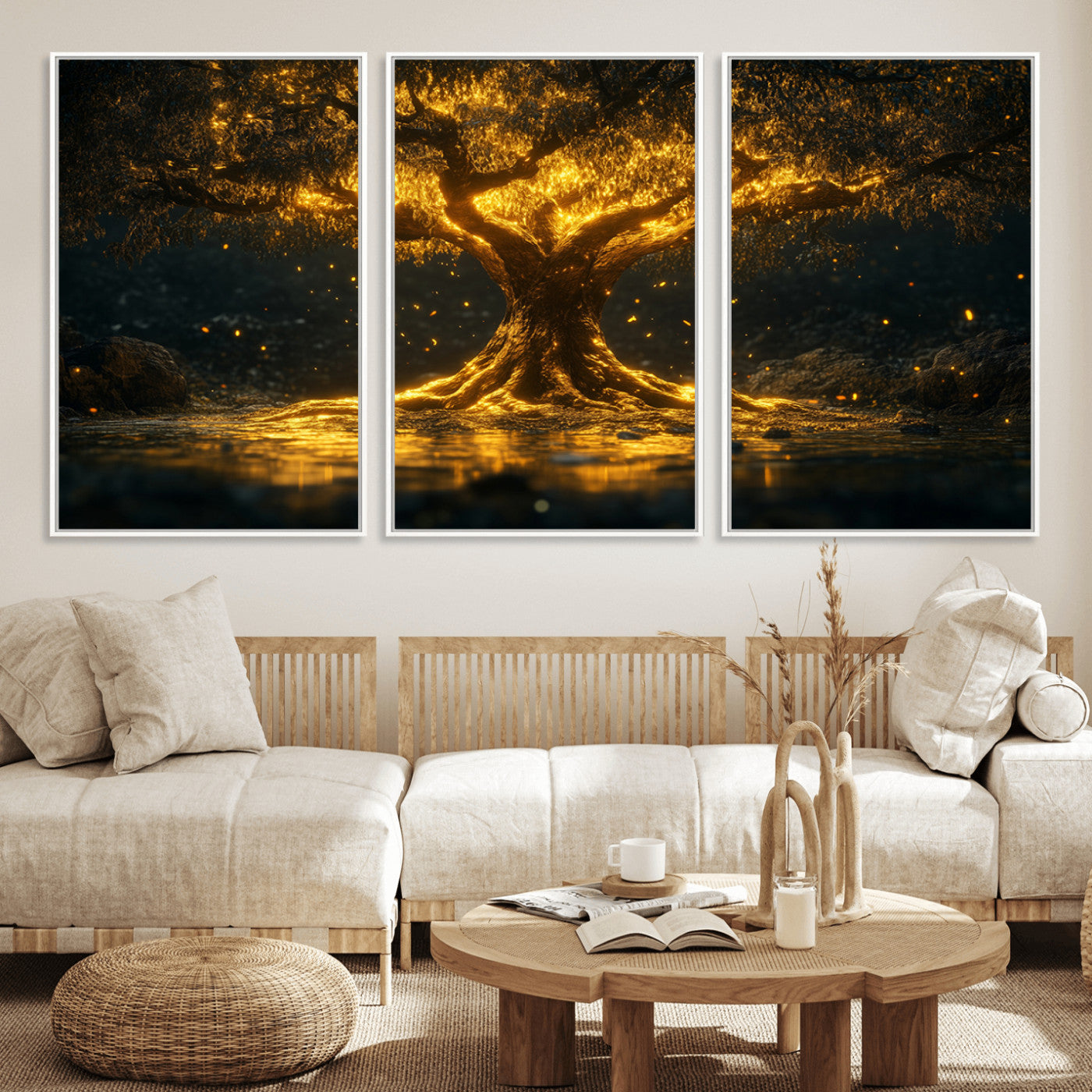 MGV-FC-60X30-3P - Golden Tree of Life Canvas Wall Art Print - Majestic Glowing Tree Wall Art Print