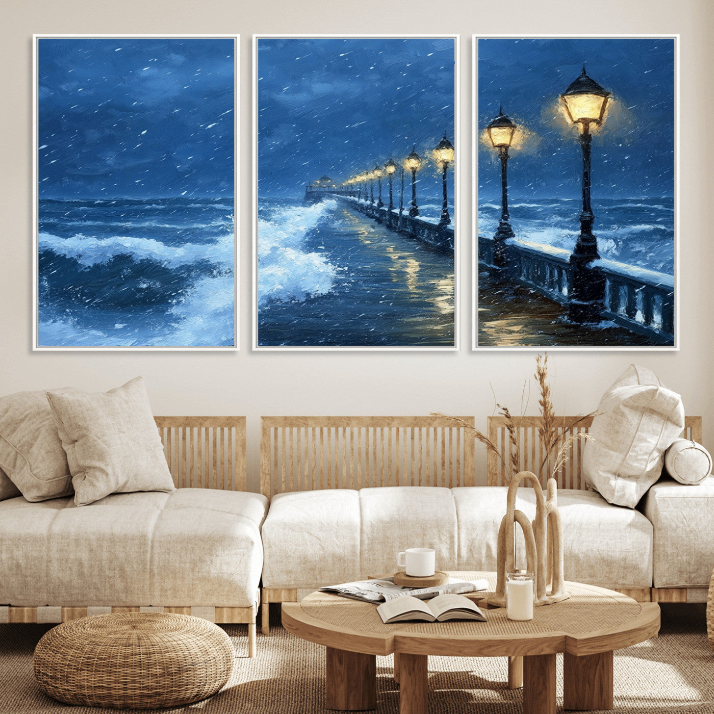 MGV-FC-60X30-3P - Stormy Ocean Pier Lights Canvas Wall Art Print - Large Moody Night Scene for Living Room, or Office,