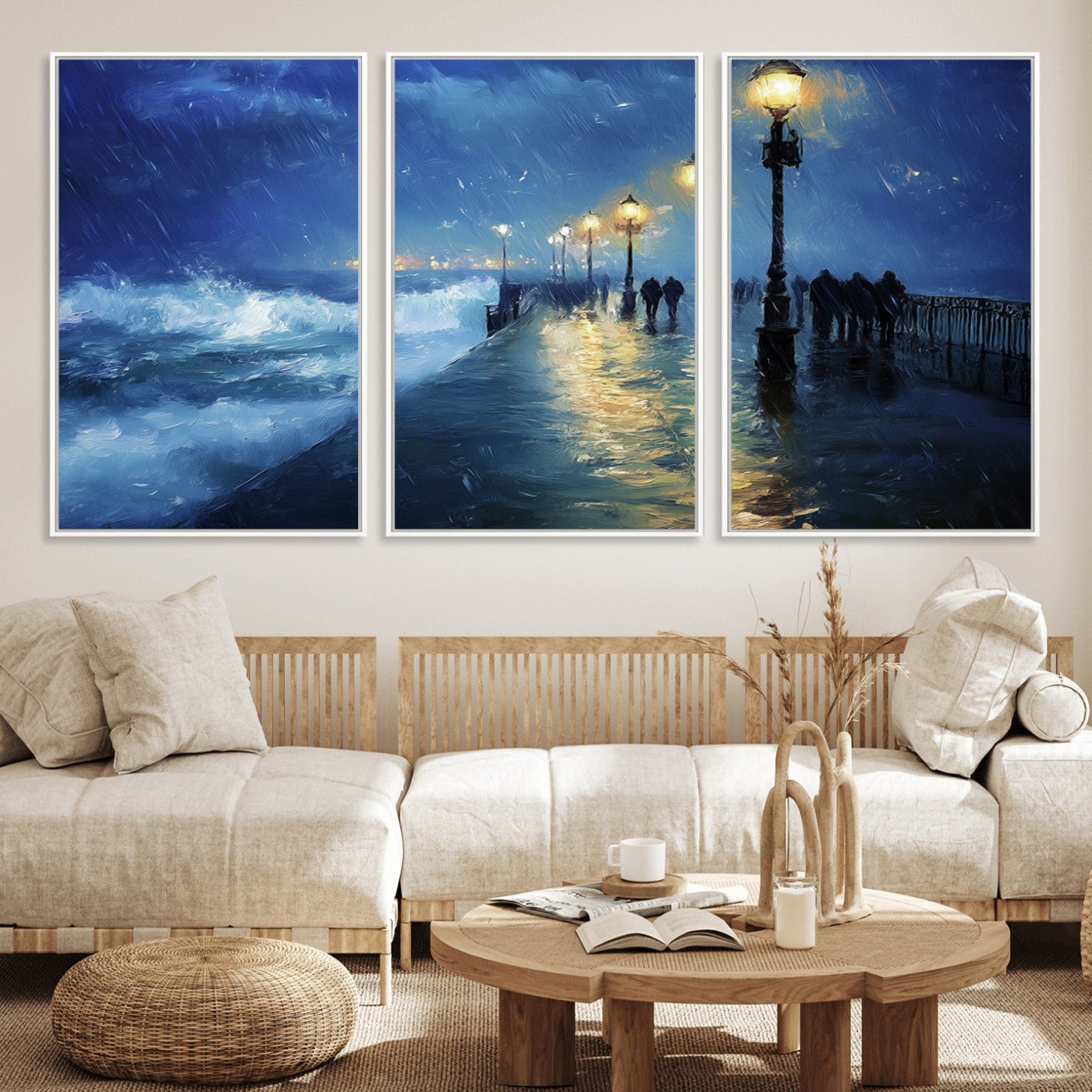 MGV-FC-60X30-3P - Abstract Stormy Ocean Pier Canvas Wall Art Print | Stormy Ocean Art | Large Moody Night Scene Print,