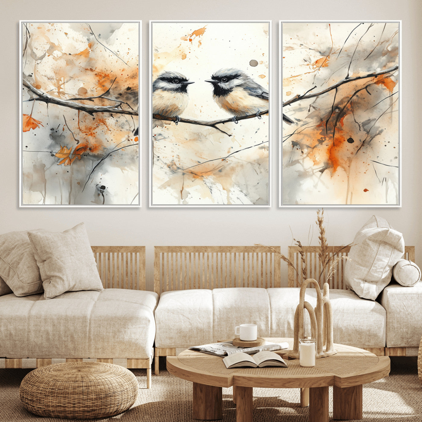 A soft and elegant watercolor painting of two chickadees perched on a delicate branch, surrounded by splashes of orange and neutral tones evoking a calm autumn day.