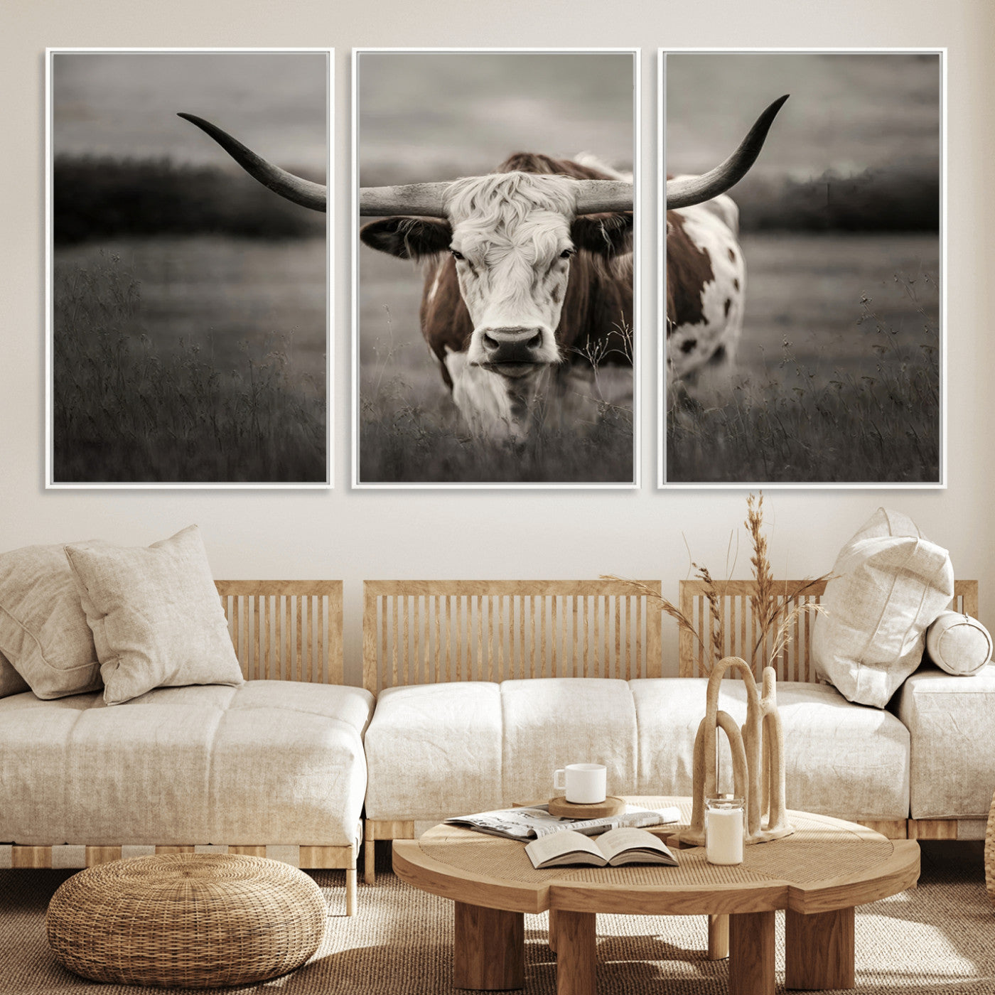 MGV-FC-60X30-3P - Texas Longhorn Cow Canvas Wall Art Print - Large Rustic Longhorn Art for Living Room, Western Wall