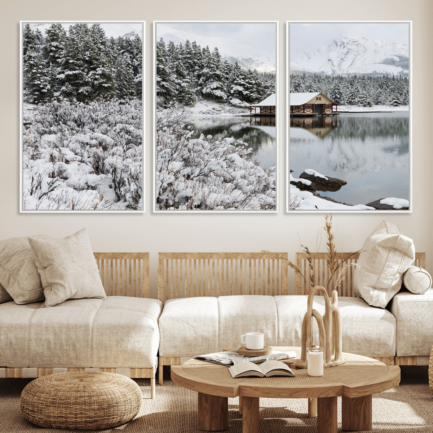 MGV-FC-60X30-3P - Winter Wall Art - Cabin by the Lake Canvas Wall Art - Serene Snowy Landscape with Mountain View,