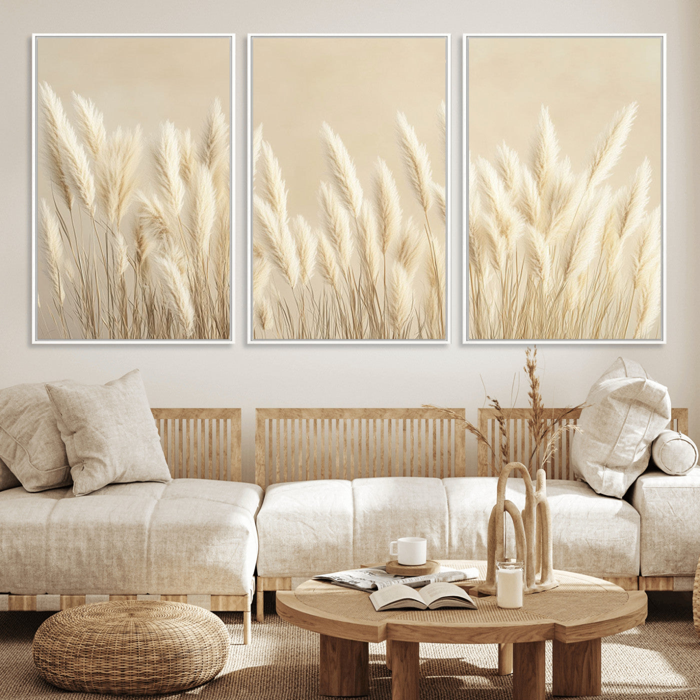 MGV-FC-60X30-3P - Grass Wall Art Print - Elegant Neutral Decor for Living Room, Boho Minimalist Artwork, Ready to Hang