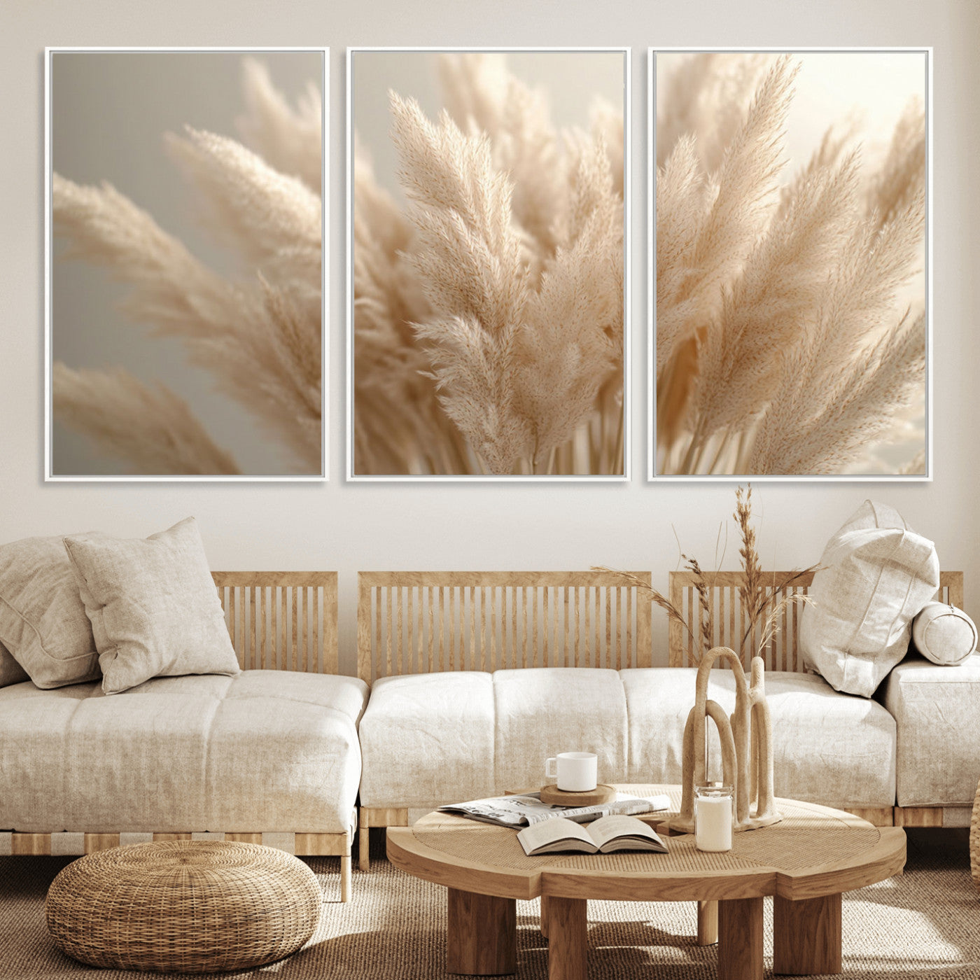 MGV-FC-60X30-3P - Pampas Grass Canvas Wall Art - Elegant Neutral Decor for Living Room, Boho Minimalist Artwork, Ready