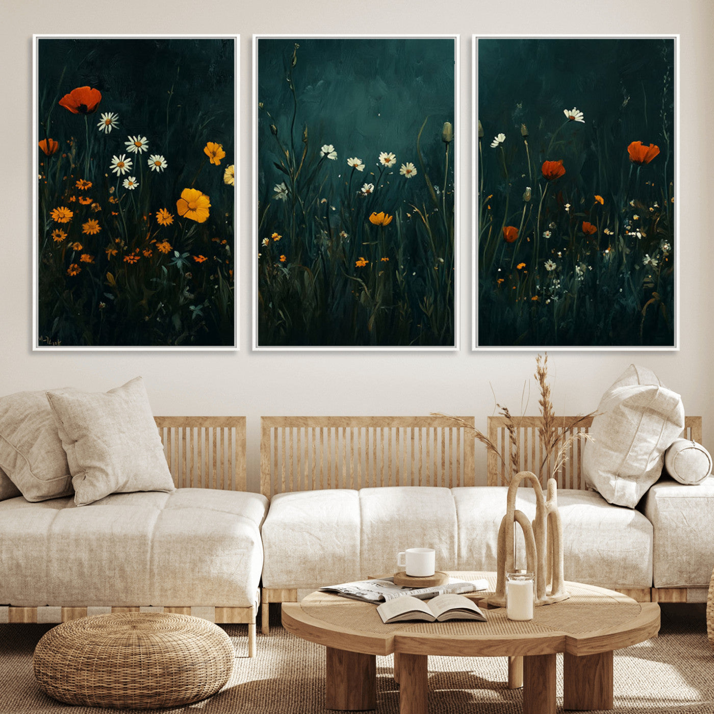 MGV-FC-60X30-3P - Framed Wildflower Field Wall Art, Framed Vintage Botanical Landscape Sign, Floral Decor, Modern