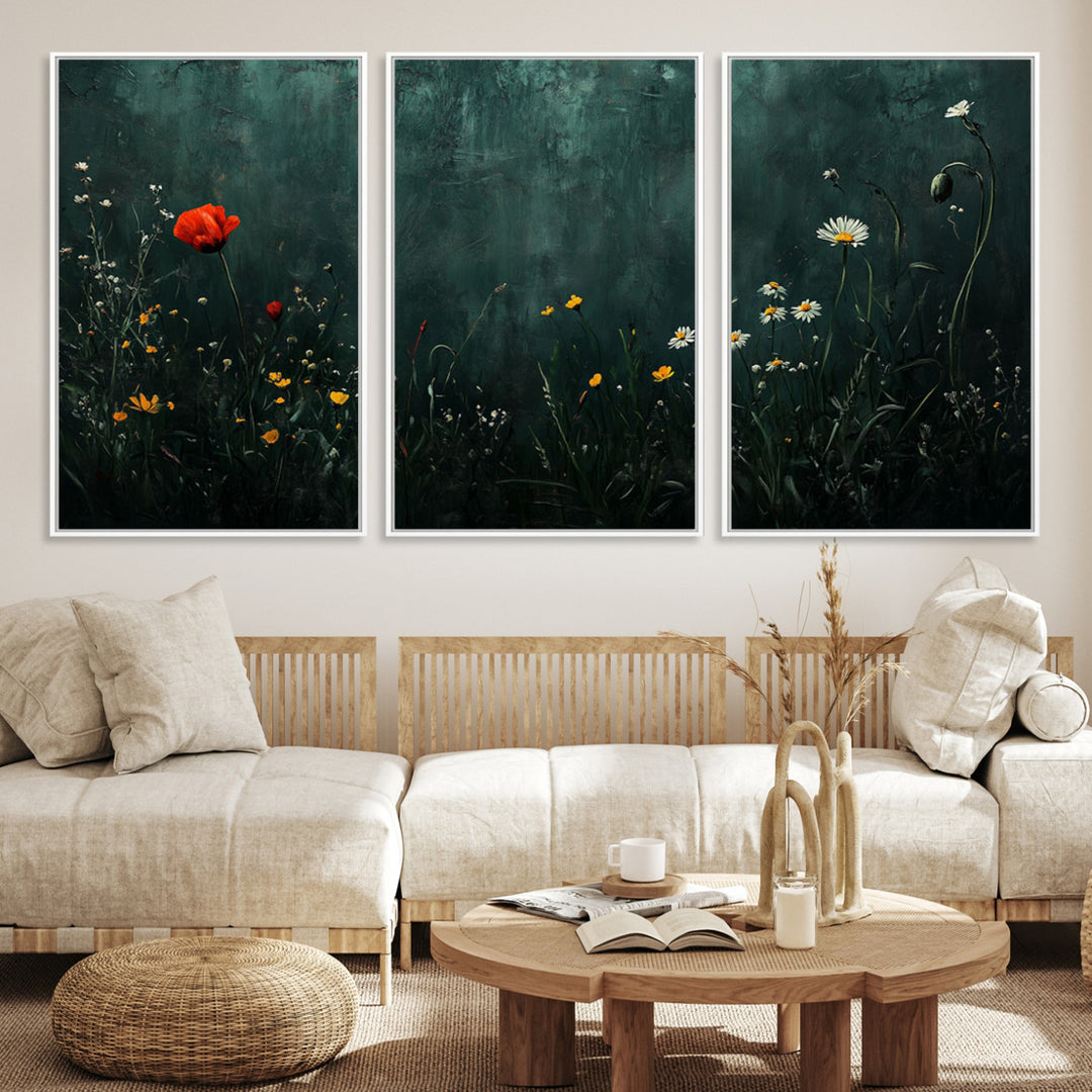 Wildflower Field Framed Wall Art, Vintage Botanical Landscape Sign, Botanical Wall Art, Modern Farmhouse Canvas Art, Field Of Flowers Canvas Print