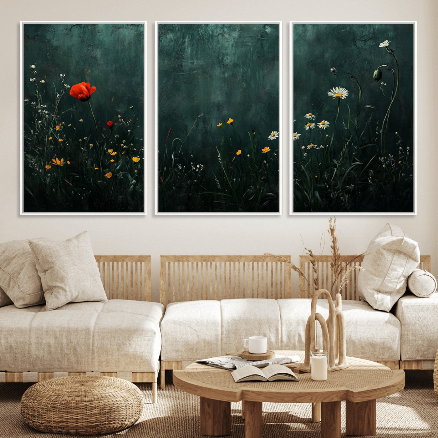 MGV-FC-60X30-3P - Wildflower Field Framed Wall Art, Vintage Botanical Landscape Sign, Botanical Wall Art, Modern