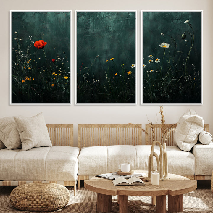 Wildflower Field Framed Wall Art, Vintage Botanical Landscape Sign, Botanical Wall Art, Modern Farmhouse Canvas Art, Field Of Flowers Canvas Print