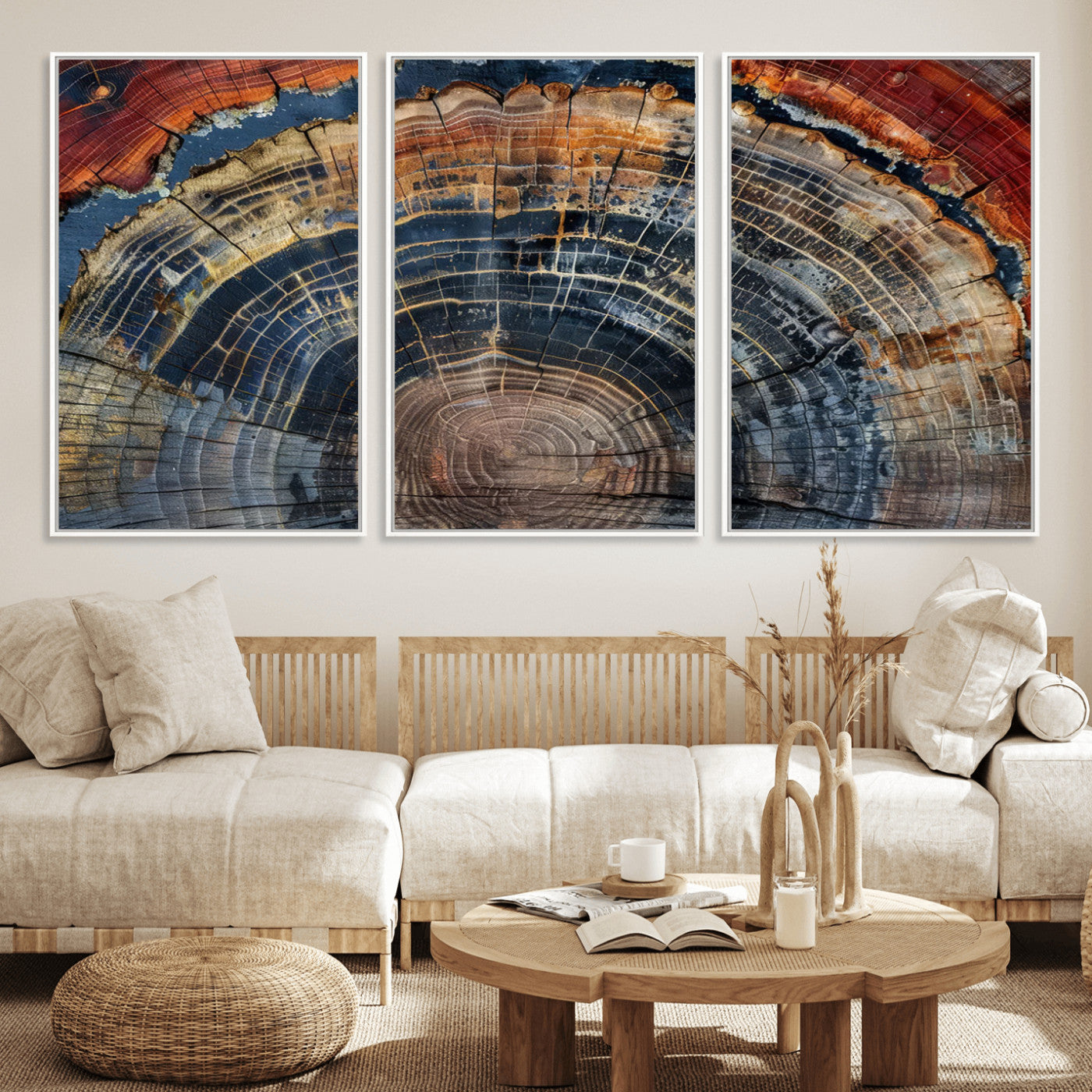 MGV-FC-60X30-3P - Abstract Tree Ring Wall Art, Colorful Framed Tree Ring Wall Decor, Minimalist Home Canvas Art,