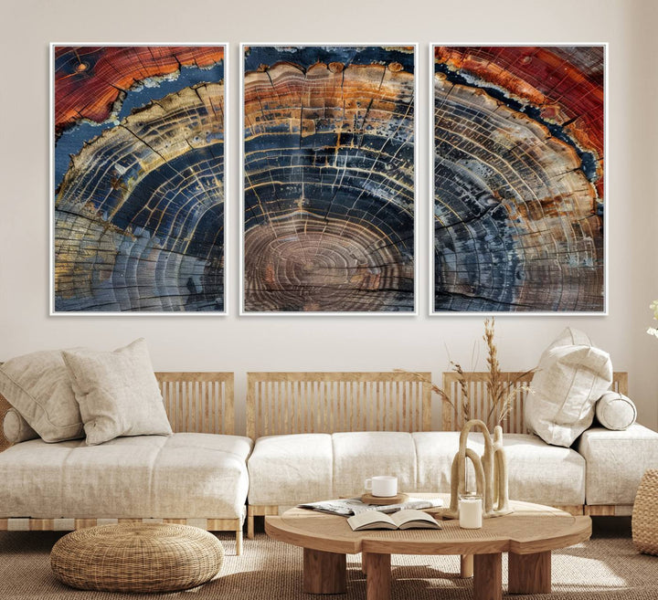 The Abstract Tree Ring Wall Art in orange, blue, and gray perfectly complements minimalist nature-inspired home decor.