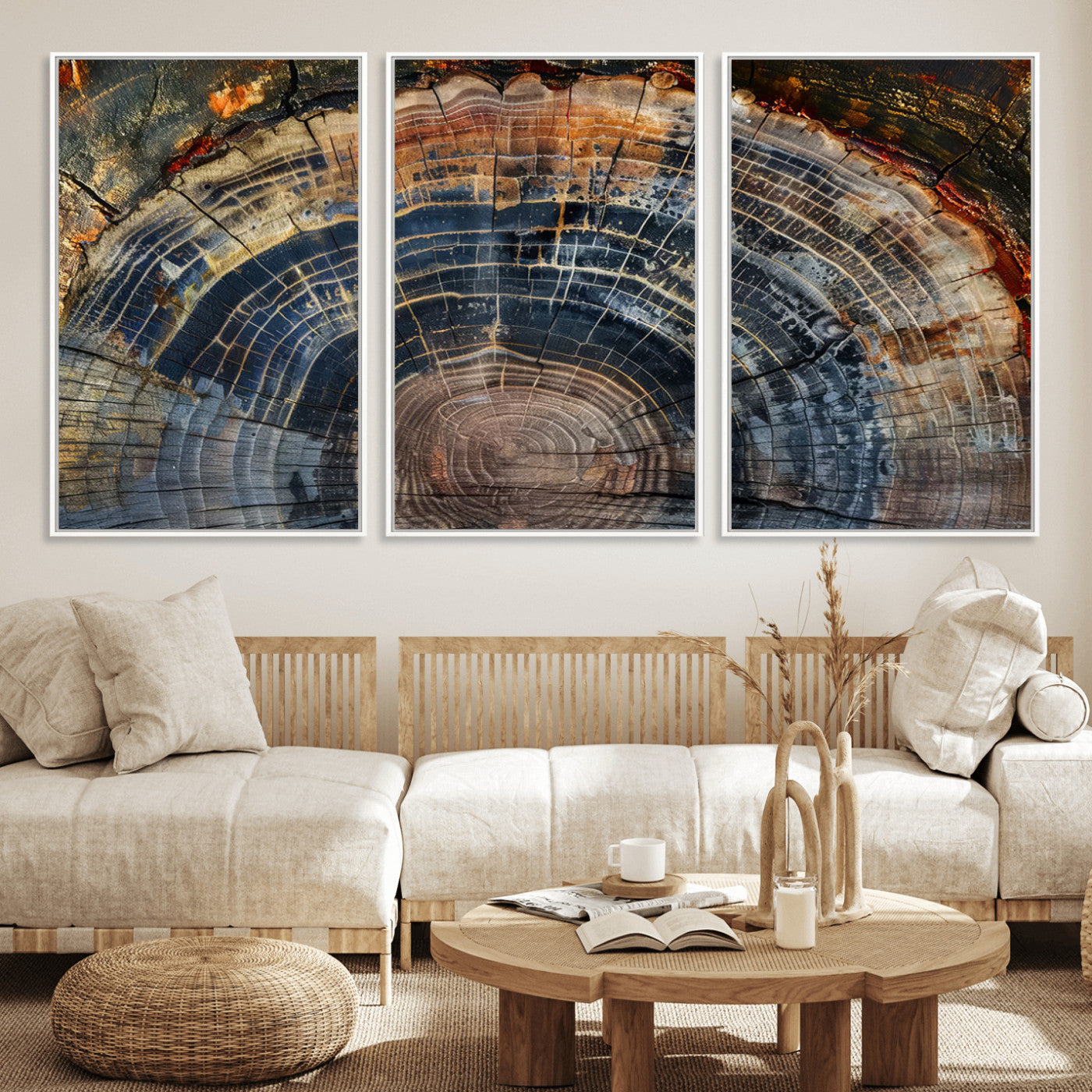MGV-FC-60X30-3P - Framed Tree Ring Wall Art - Abstract Colorful Tree Ring Wall Decor, Minimalist Home Canvas Art,