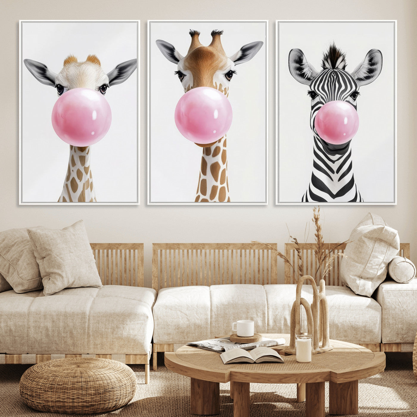 MGV-FC-60X30-3P - Bubblegum Animals Canvas Wall Art - Playful Giraffe and Zebra Trio, Fun Nursery Decor for Kids'