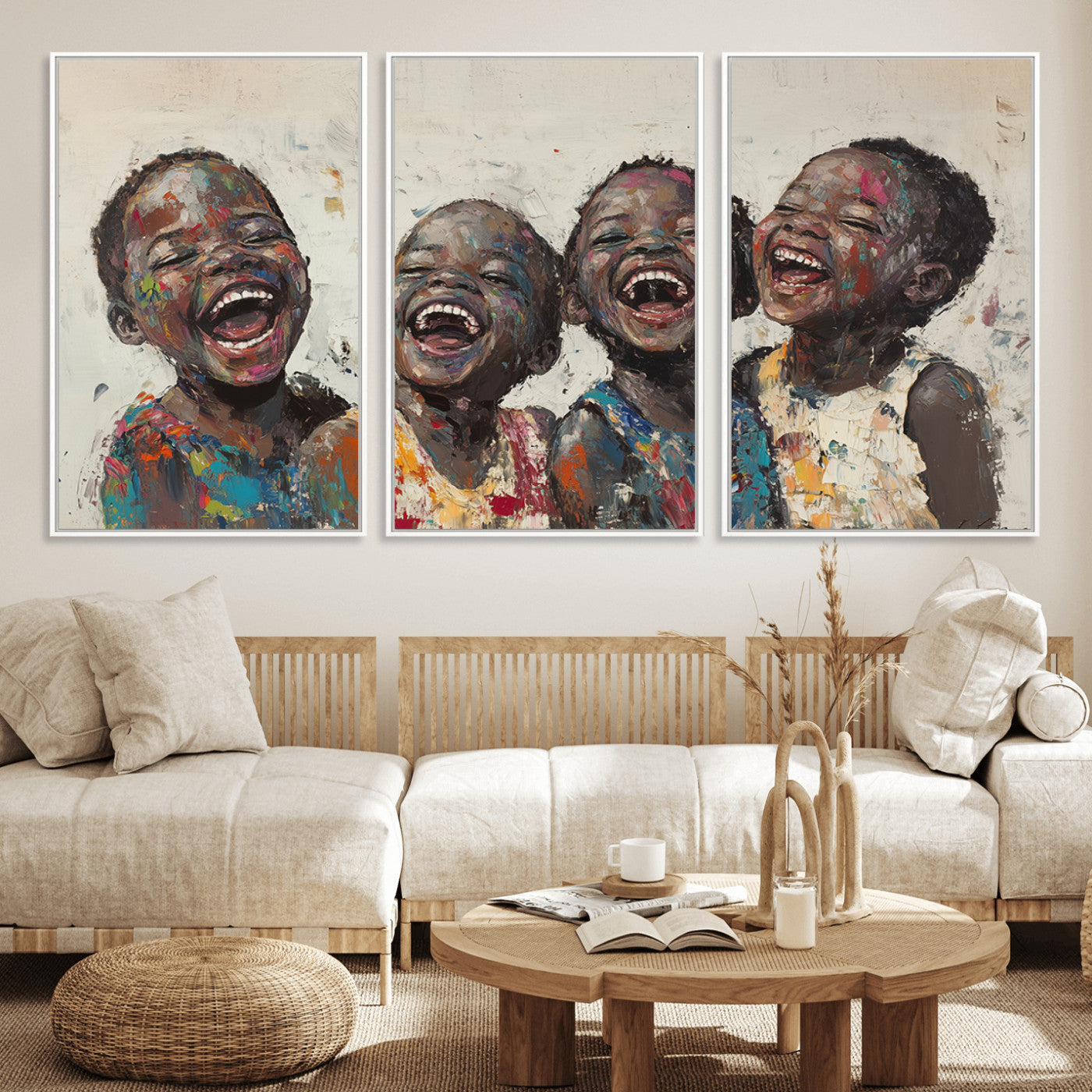 85256-MGV-CV-36X24-Shai Yossef Print - Joyful Childhood Canvas Wall Art - Expressive Impasto Painting of Laughing