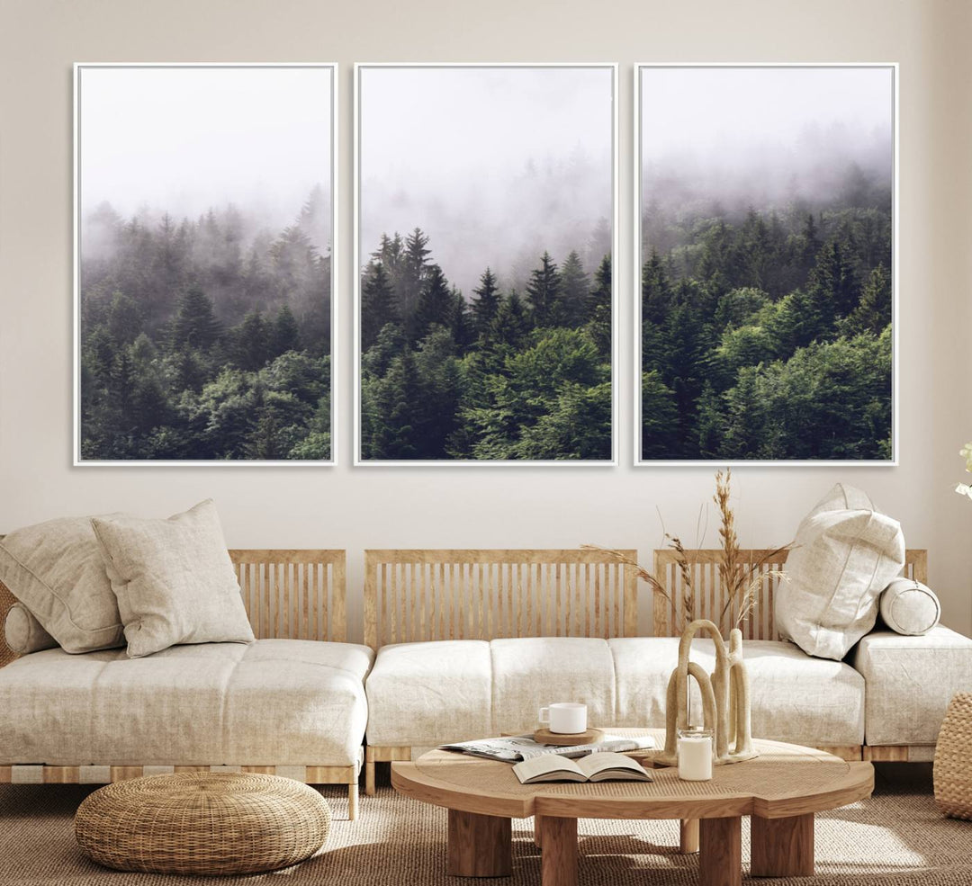 A serene triptych nature print featuring a misty forest, perfect as wall art.