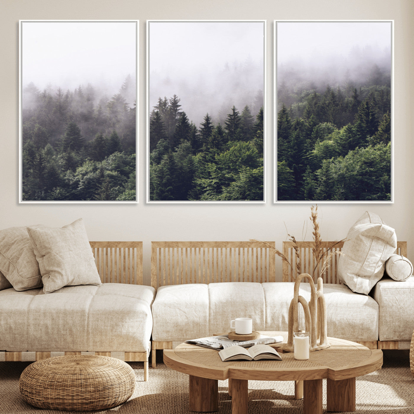 MGV-FC-60X30-3P - Misty Forest Wall Art | Foggy Forest Canvas Print | Large Nature-Inspired Misty Tree Landscape for