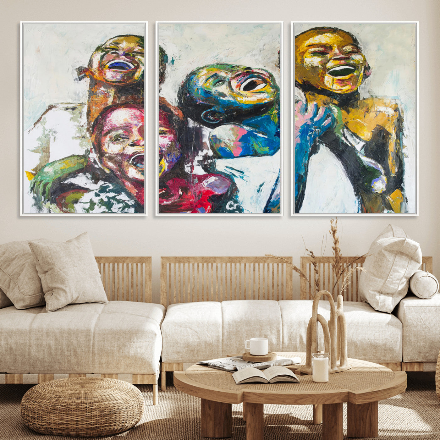 MGV-FC-60X30-3P - Shai Yossef Style Canvas Art - Joyful African Black Kids Impasto Painting with Vibrant Brushstrokes,