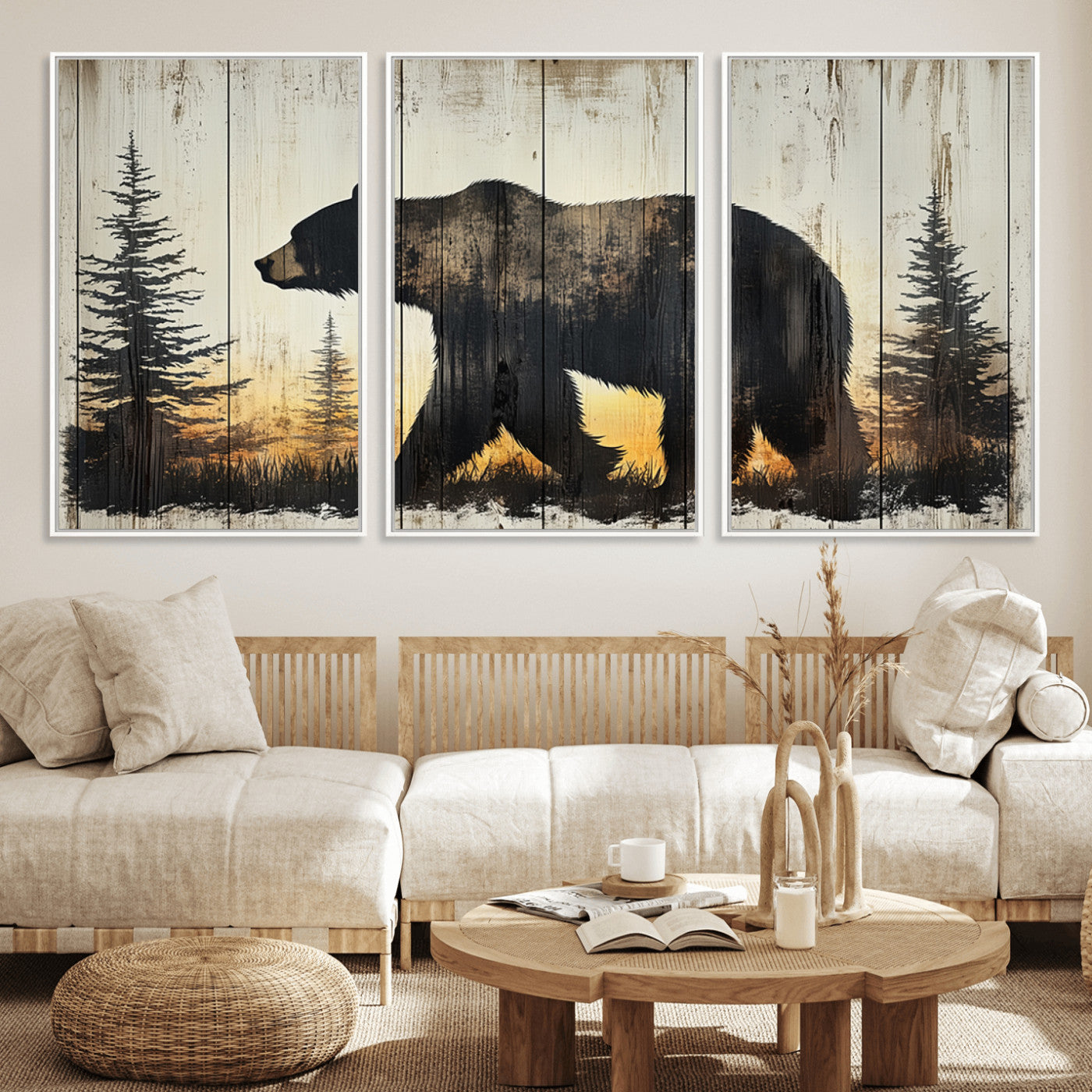 83875-MGV-FC-60X30-3P_White-Vintage Bear Wall Art Canvas Print for Farmhouse - Mountain Wood Canvas Wall Art - Forest Silhouette