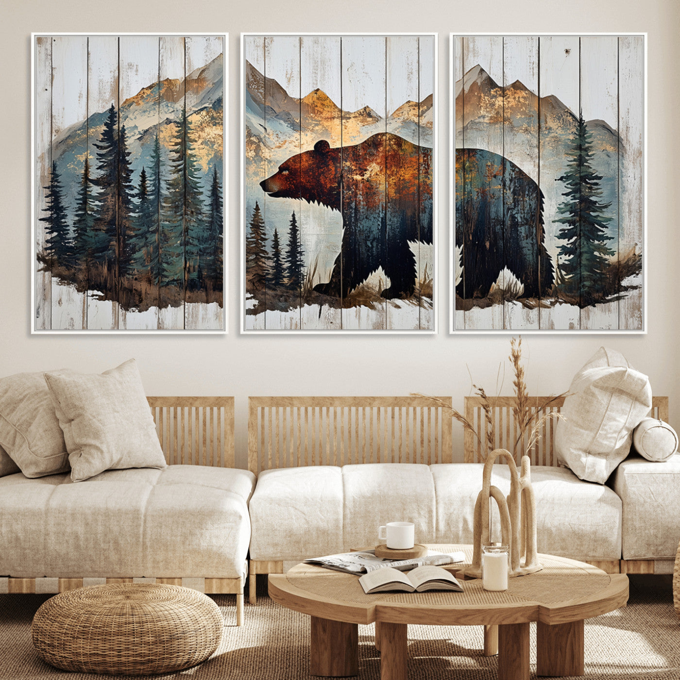 55777-MGV-FC-60X30-3P_White-Rustic Grizzly 399 Bear and Mountain Wood Canvas Wall Art - Framed Nature Artwork with Forest