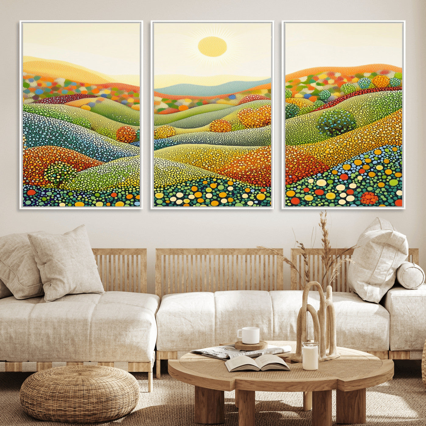 MGV-FC-60X30-3P - YAYOI KUSAMA Colorful Dot Art Landscape Canvas - Framed Abstract Pointillism Inspired by Nature with