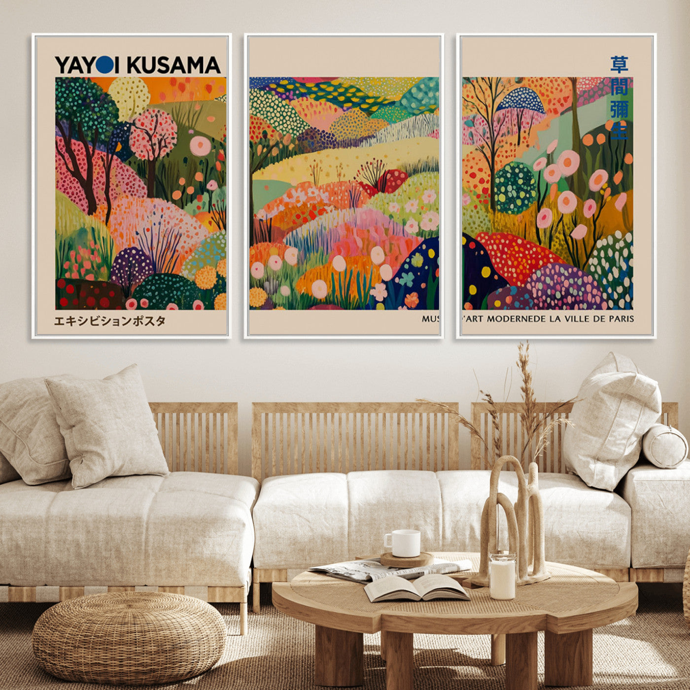 MGV-FC-60X30-3P - Yayoi Kusama Japanese Art Canvas Print, Abstract Art, Large Yayoi Kusama Framed Print, Japanese Wabi
