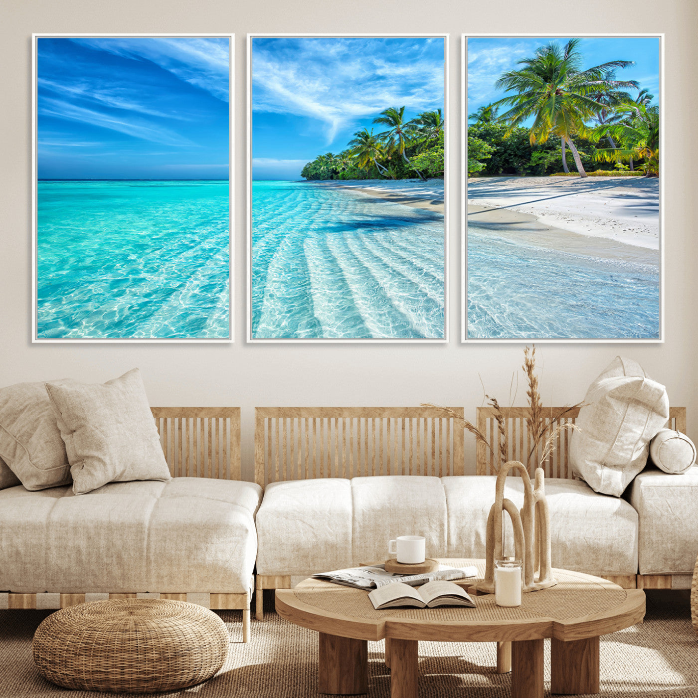 MGV-FC-60X30-3P - Tropical Beach Wall Art Canvas Print - Serene Ocean Landscape with Crystal Clear Turquoise Water and