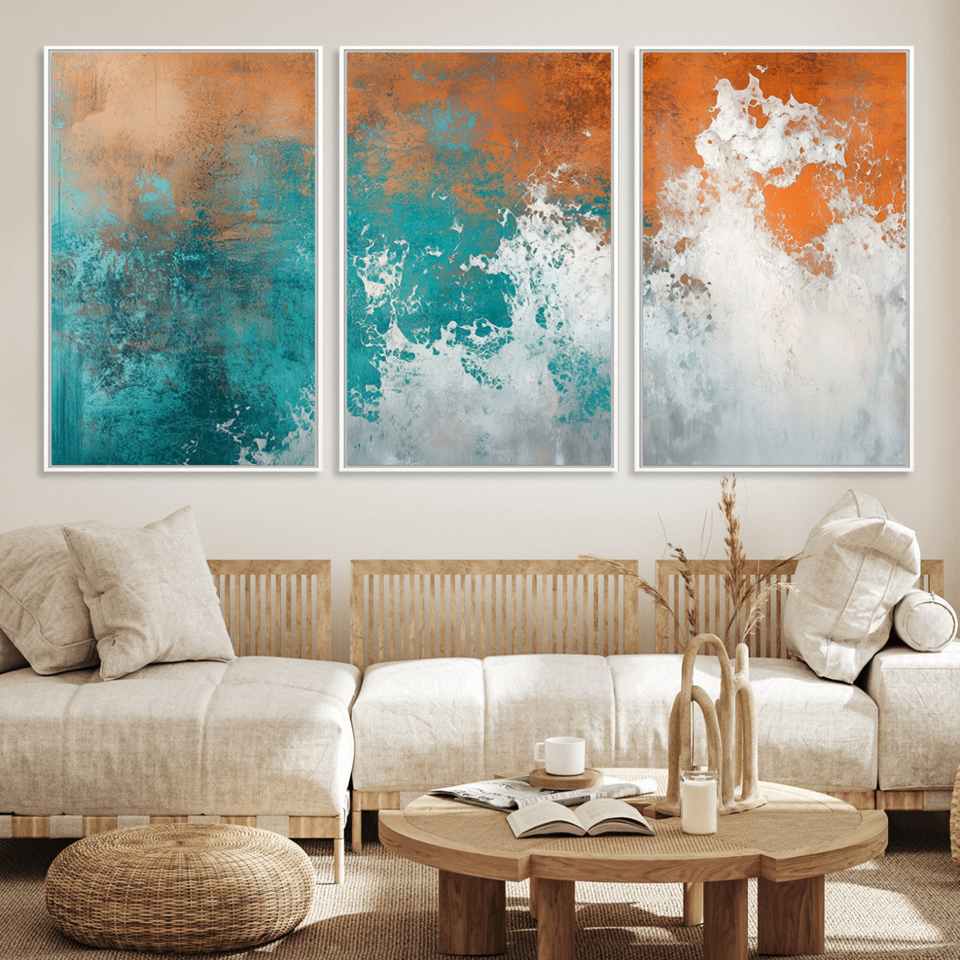 MGV-FC-60X30-3P - Vintage Abstract Print - Bold Teal and Orange Canvas Wall Art - Retro-Vintage Abstract Orange Canvas