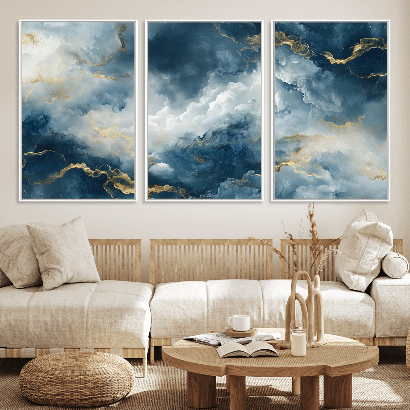 MGV-FC-60X30-3P - Large Abstract Print - Luxe Blue and Gold Abstract Canvas Wall Art - Bold Cloudscape Canvas for