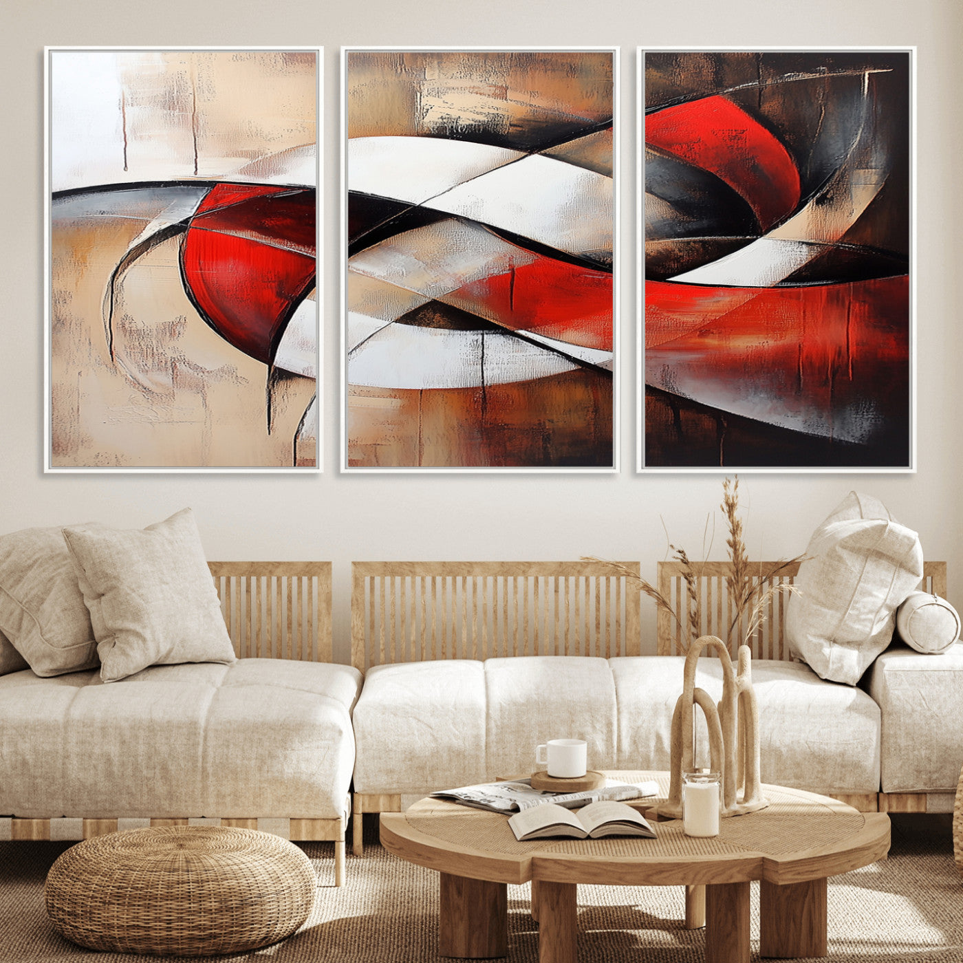 MGV-FC-60X30-3P - Abstract Wall Art - Modern Red and White Canvas Wall Art Print - Bold Geometric Abstract Canvas for