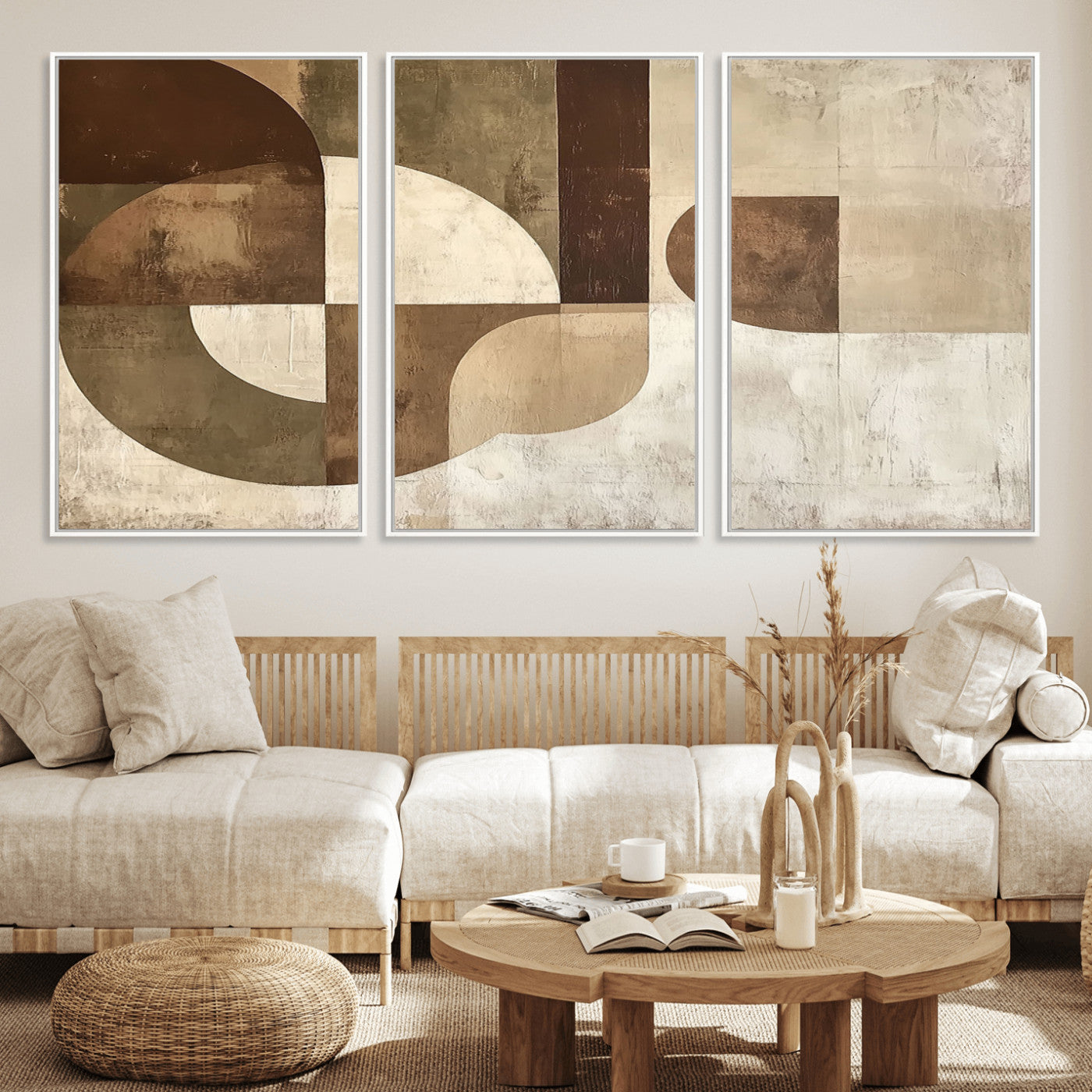 MGV-FC-60X30-3P - Wabi Sabi Geometric Wall Art | Abstract Modern Minimalist Canvas Print with Neutral Mid Century Art