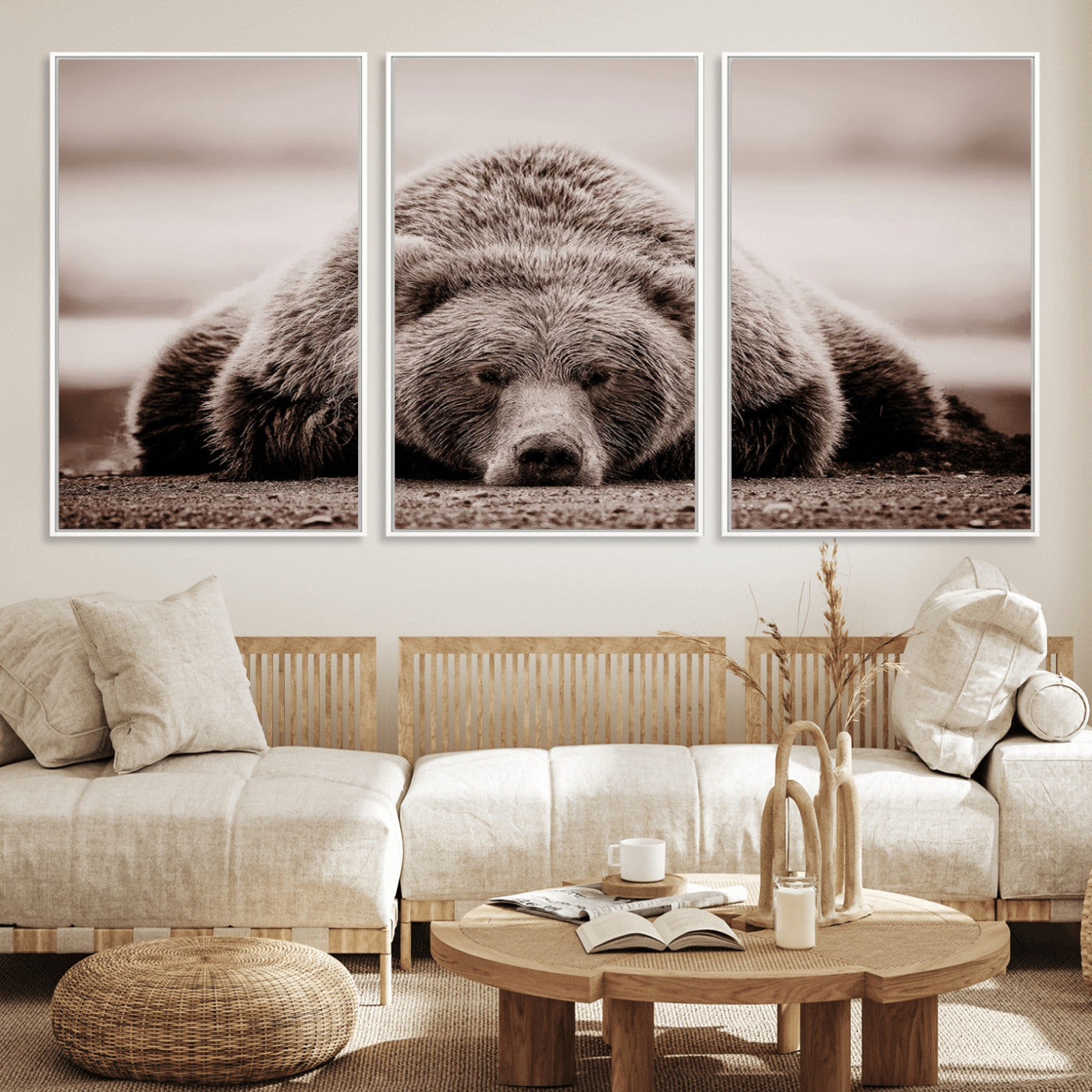MGV-FC-60X30-3P - Grizzly Bear Wall Art Print - Bear Canvas Wall Art - Rustic Bear Portrait Canvas Print for Cabin Wall Decor and Nature-Inspired Spaces