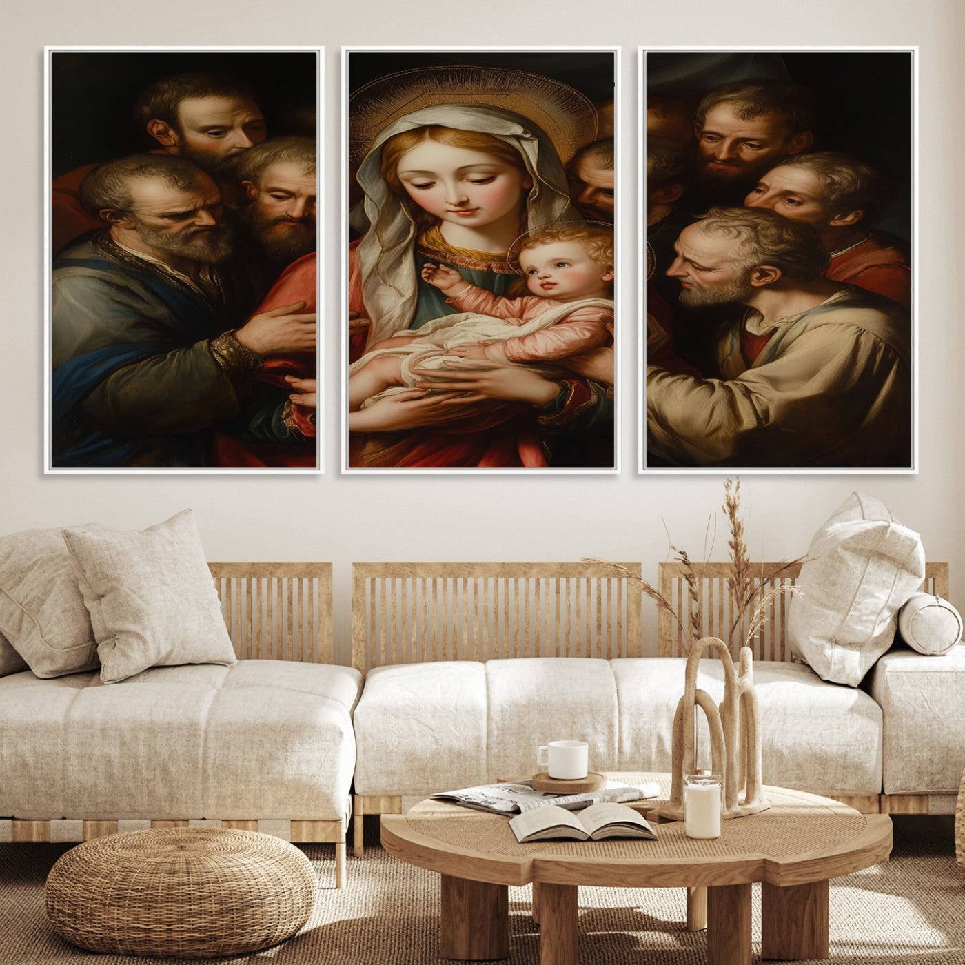 MGV-FC-60X30-3P - Religious Canvas Wall Art Print - Madonna and Child with Apostles Art Print - Classic Christian