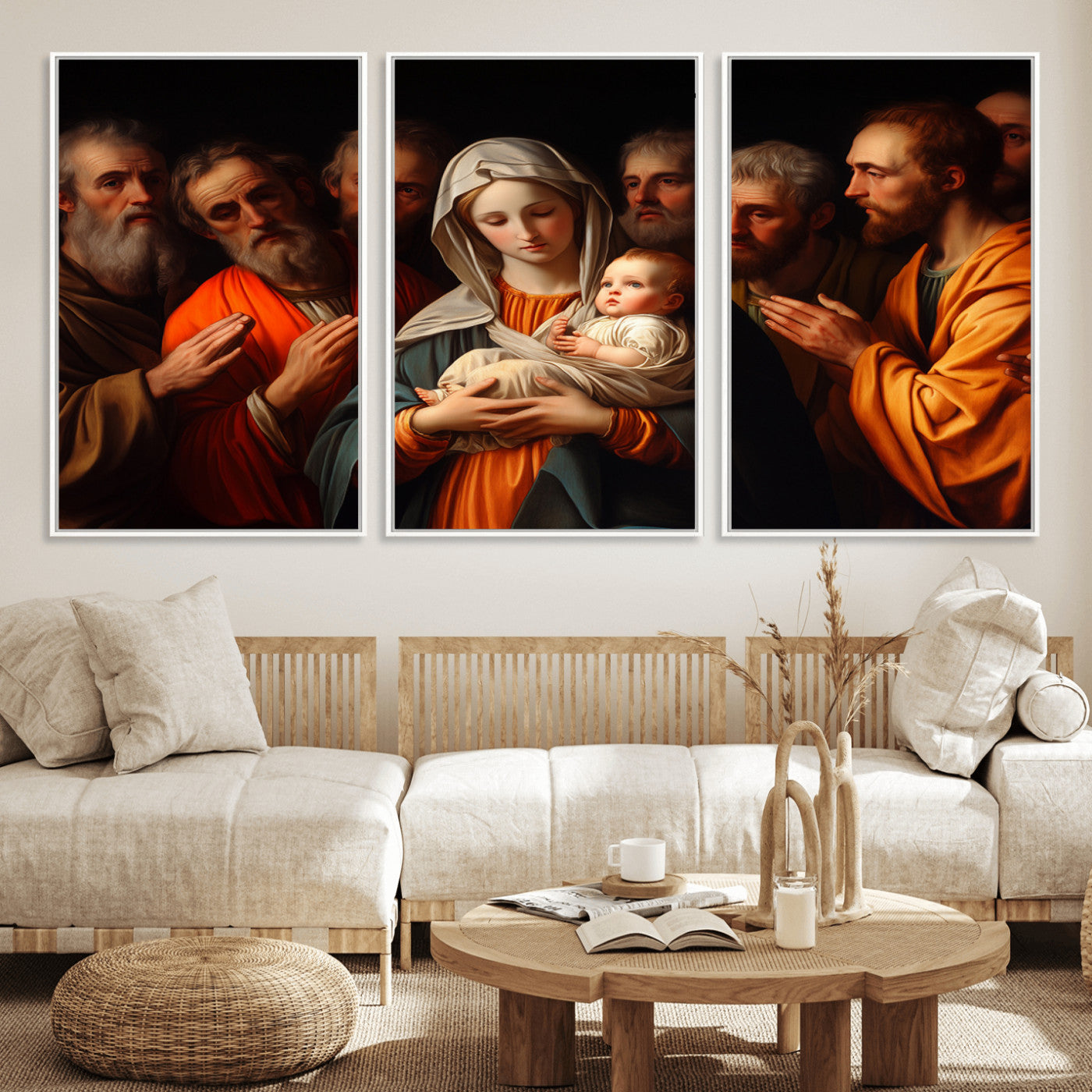 MGV-FC-60X30-3P - Religious Canvas Wall Art Print - Madonna and Child with Apostles Art Print - Classic Christian